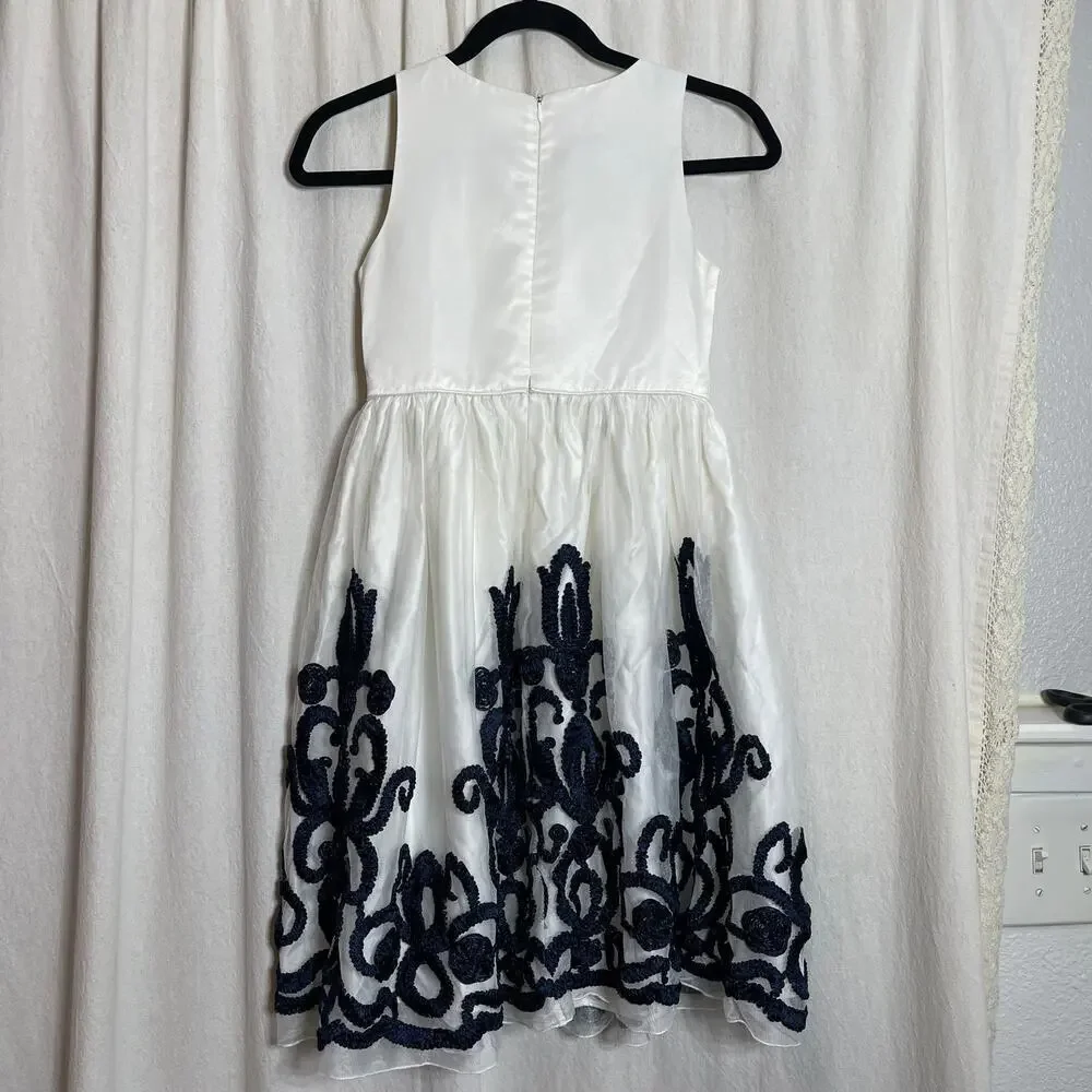 American Princess Satin Cream Textured Navy Blue Girls Sz 10